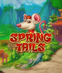 An enchanting illustration of a mouse dressed in traditional Chinese attire positioned in front of a picturesque landscape with mountains. The image is for the Spring Tails Slot by Betsoft, showcased with prominent red and gold logo text.